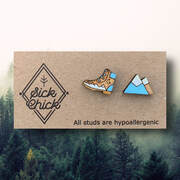 Hiking Love is a pair of wooden studs in the shape of Hiking shoe and mountain.